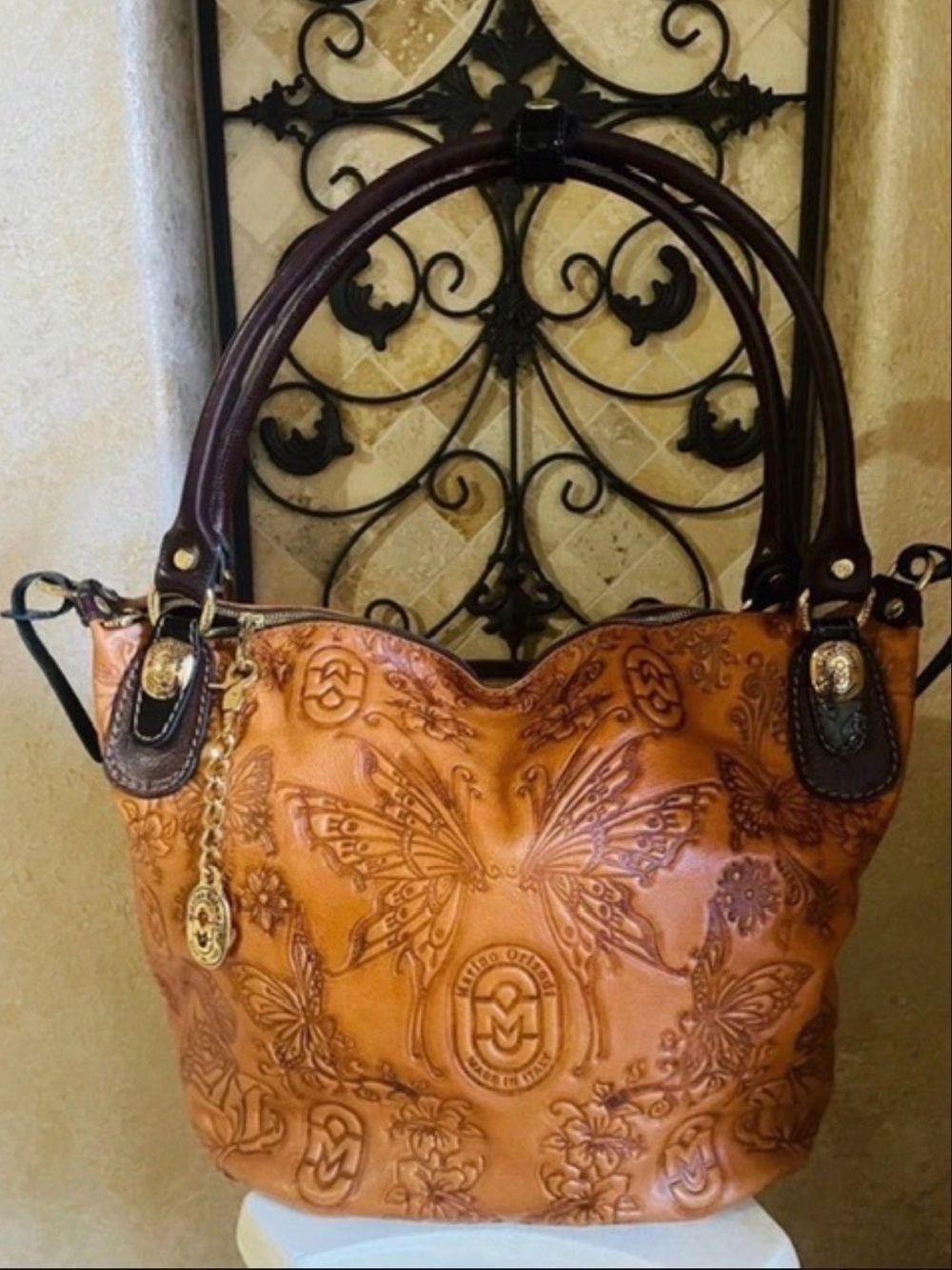 Marino Orlandi Butterfly’s and Flowers cognac Satchel bag